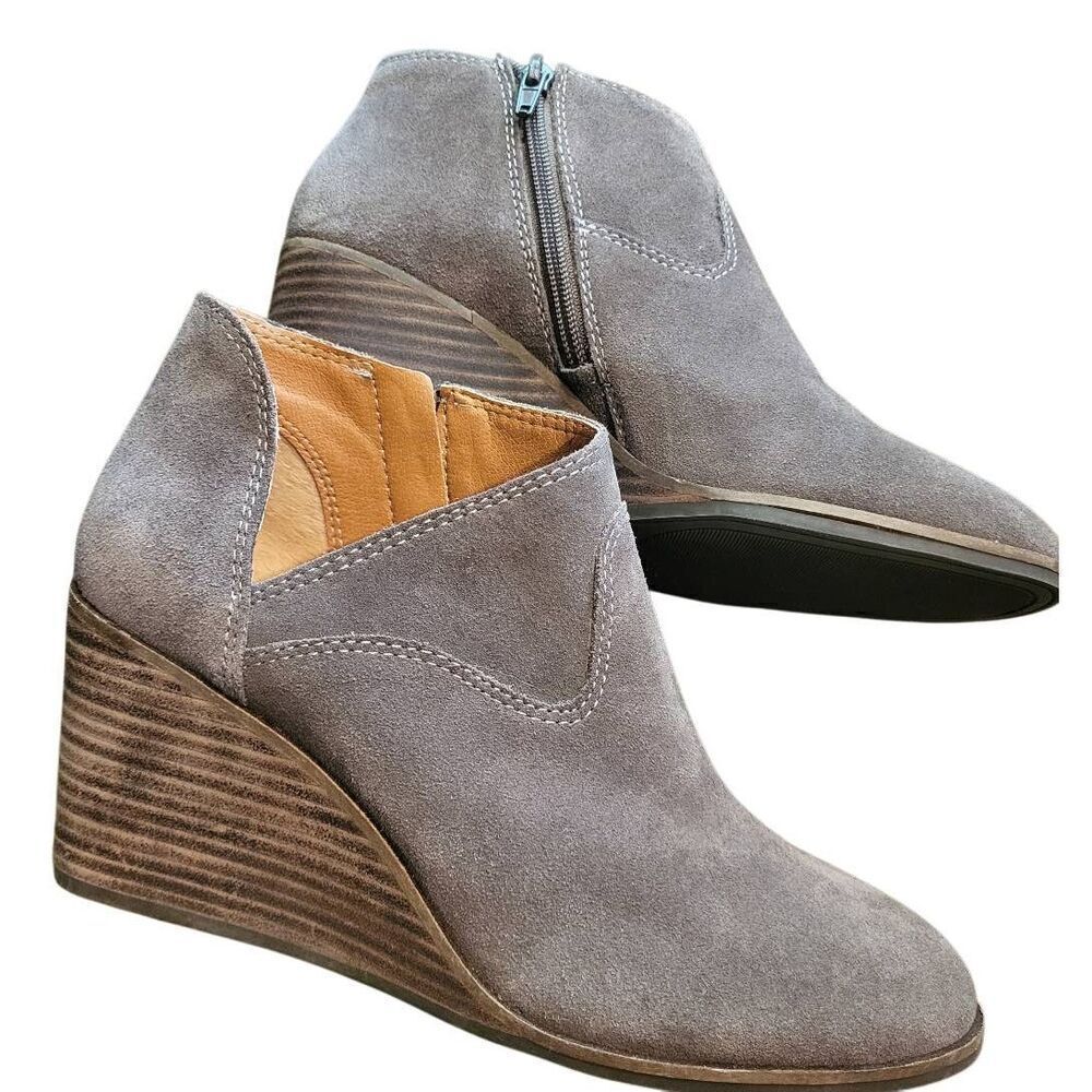 Lucky Brand Booties Women's 8 Taupe Brown Zollie Suede Leather Wedge Heel Cutout